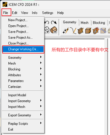 Select the ICEM working directory