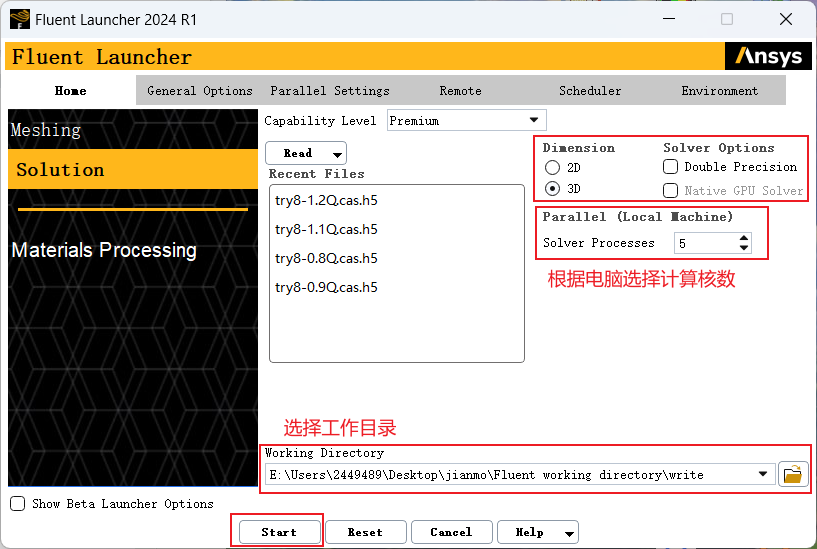 Start Fluent and select working directory